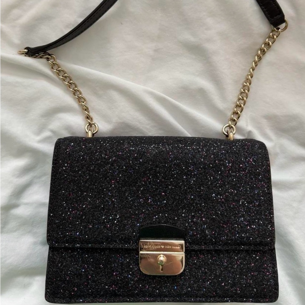 Kate Spade Elegant Black Glitter Shoulder bag/ Clutch with Gold Chain